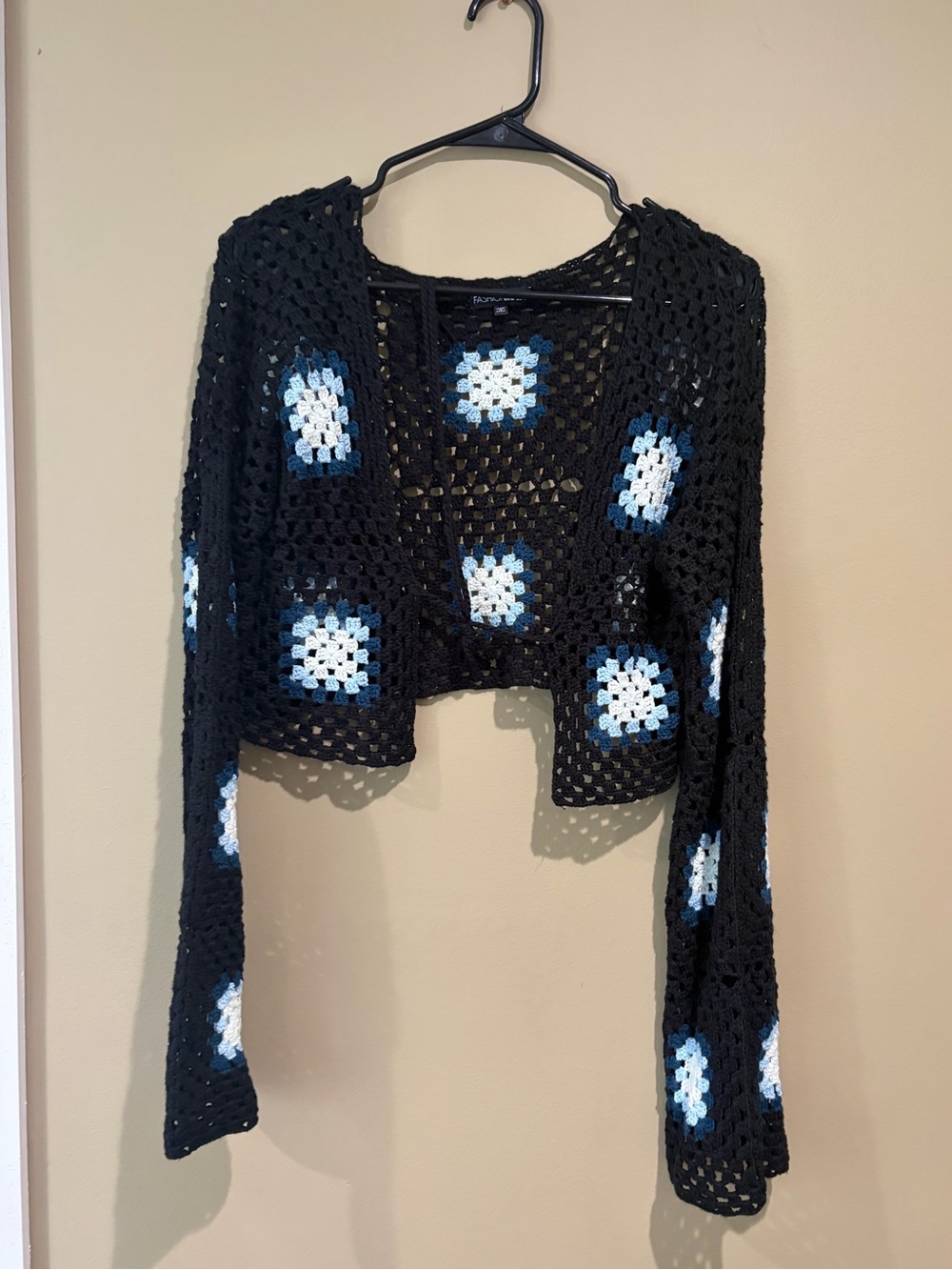 Fashion Nova Black Crochet Cardigan with Blue & Cream Squares Knitted Large